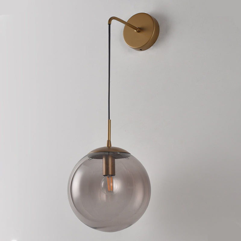 Vintage Glass Sphere Wall Sconce - Clear/Smoke Grey 1 Light Retro Lamp With Gold/Black Arm