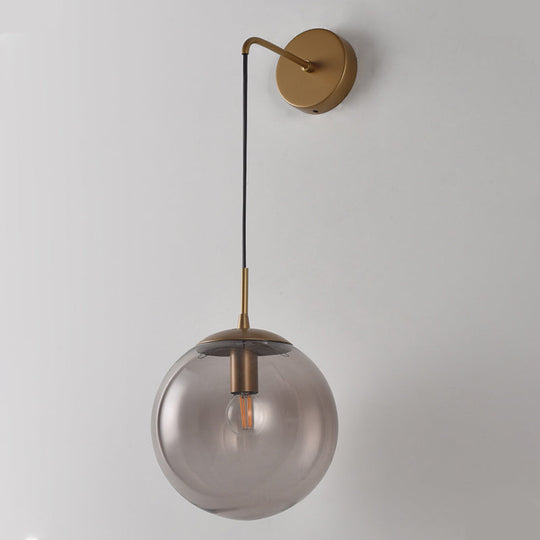 Vintage Glass Sphere Wall Sconce - Clear/Smoke Grey 1 Light Retro Lamp With Gold/Black Arm