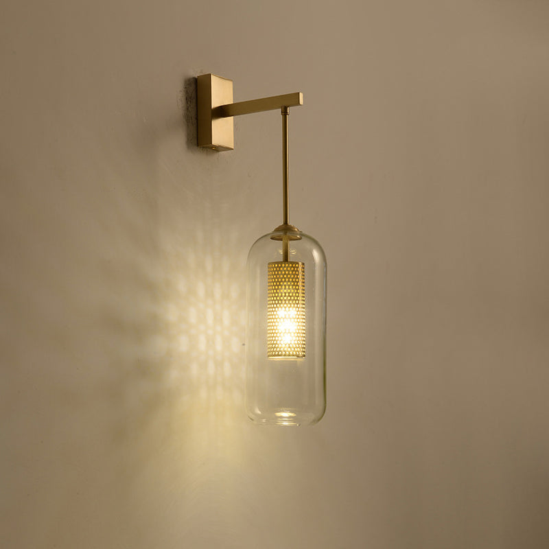 Golden Cylinder Wall Lamp With Clear Glass Sconce - Simple Bedroom Lighting Fixture Gold