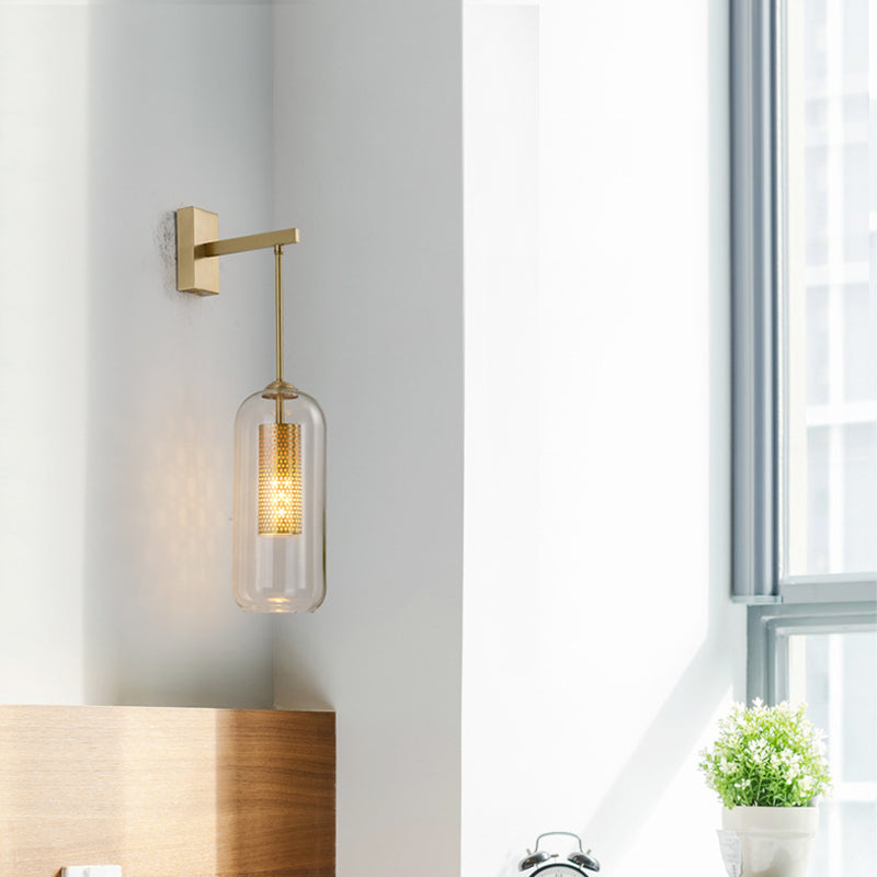 Golden Cylinder Wall Lamp With Clear Glass Sconce - Simple Bedroom Lighting Fixture