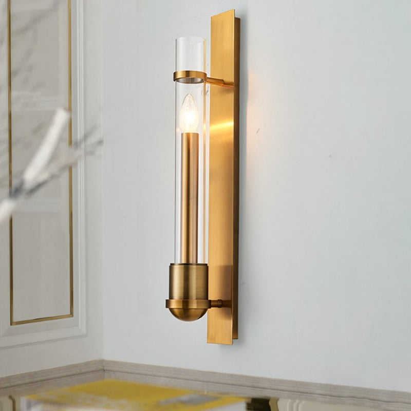 Clear Glass Wall Sconce - Modern Single Brass Light Fixture