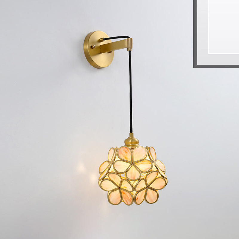 Modernist 1-Bulb Bedside Sconce Light: Brass Floral Ball Wall Lamp With Glass Shades