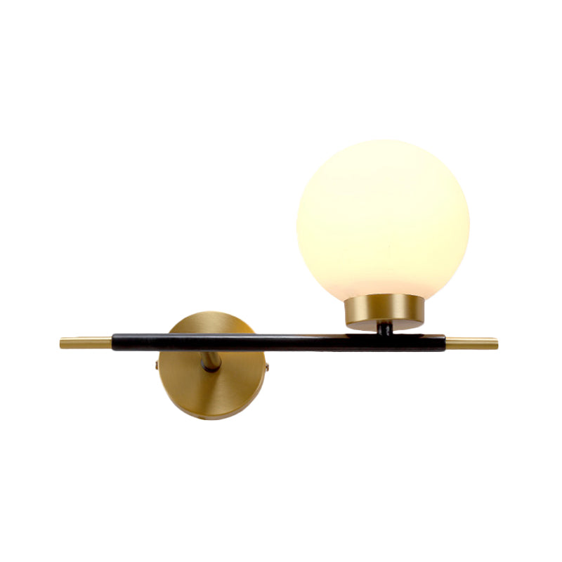 Post-Modern White Glass Sphere Wall Sconce With Brass Finish - 1/2 Bulbs