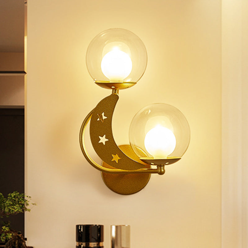 Modern Style Black/Gold Ball Wall Sconce: 2-Light Clear Glass Mount Lamp Kit Gold / Left