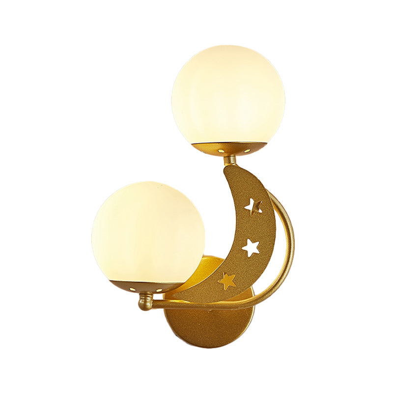 Contemporary Bedroom Sconce Light: 2 Bulbs Black/Gold Wall Lamp With Milky Glass Ball Shades