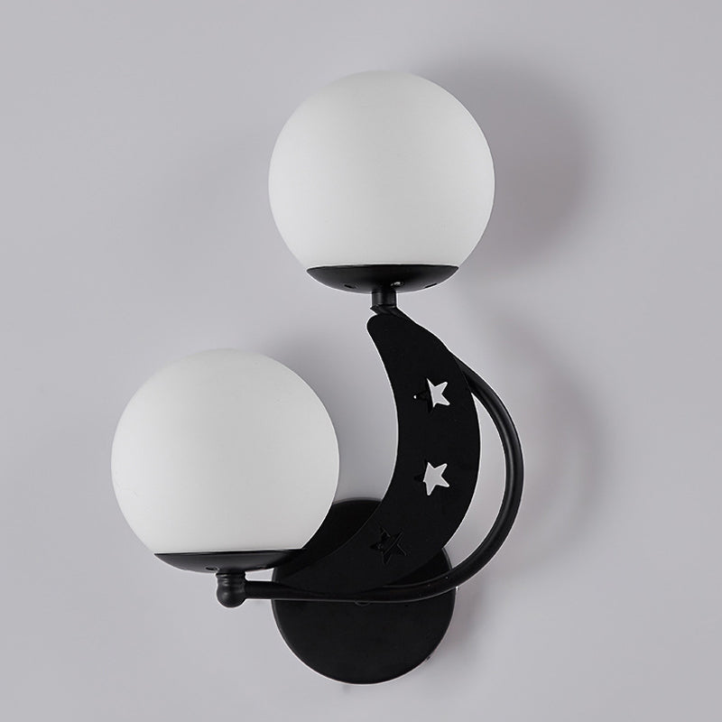 Contemporary Bedroom Sconce Light: 2 Bulbs Black/Gold Wall Lamp With Milky Glass Ball Shades