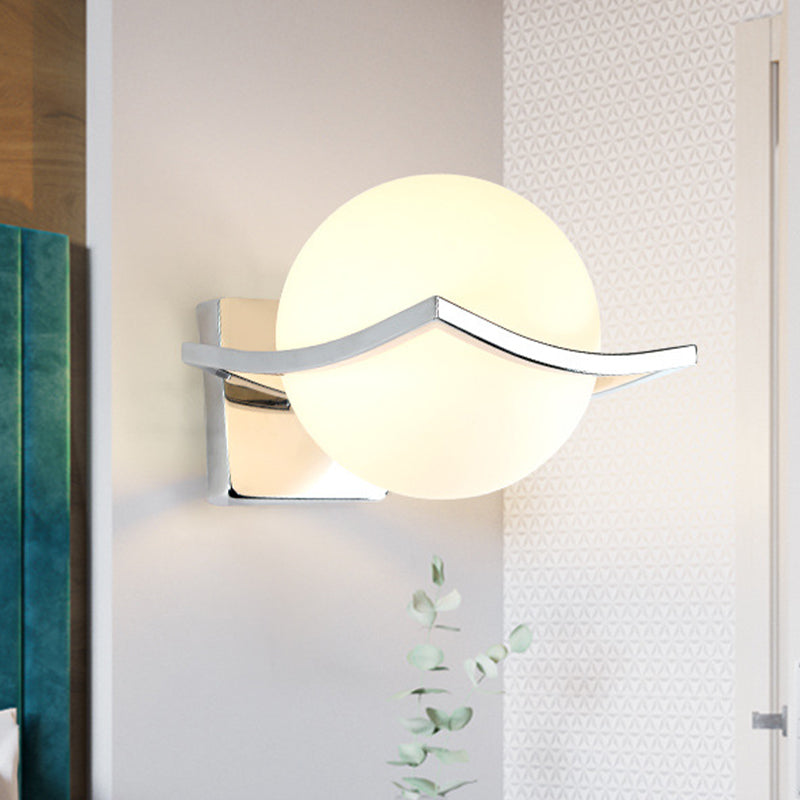 Globe Bedroom Wall Sconce Light - Matte White Glass Minimalist Mount Lamp In Chrome Box