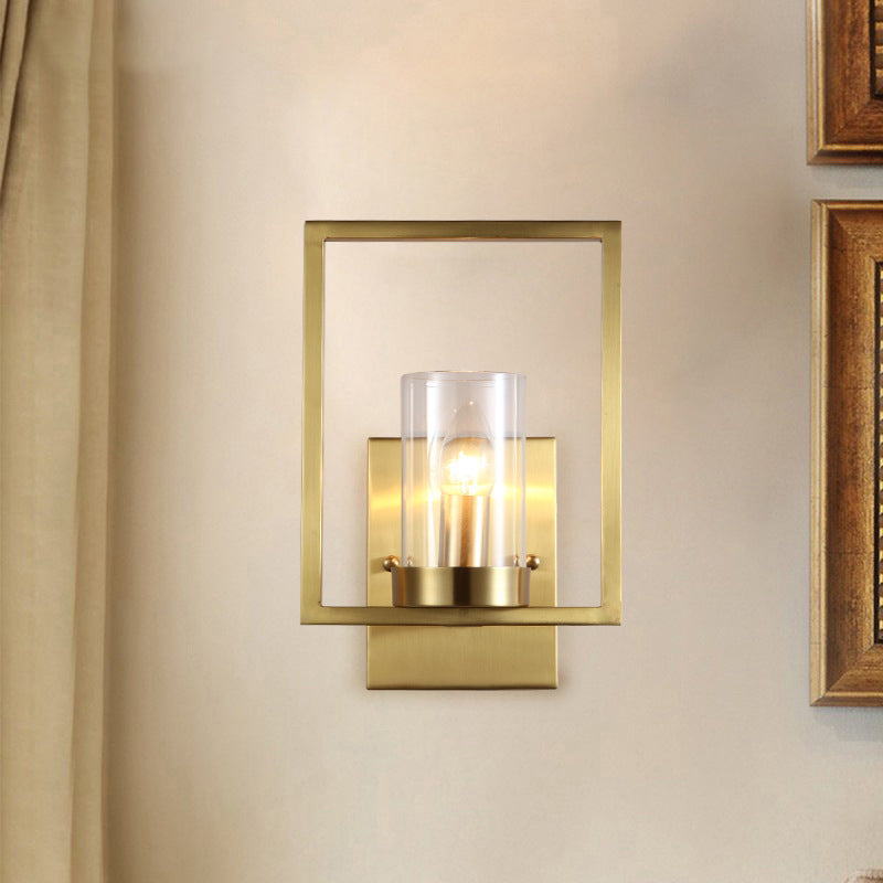 Contemporary Brass Wall Sconce With Clear Glass Shade - Cylindrical Bedroom Light Fixture