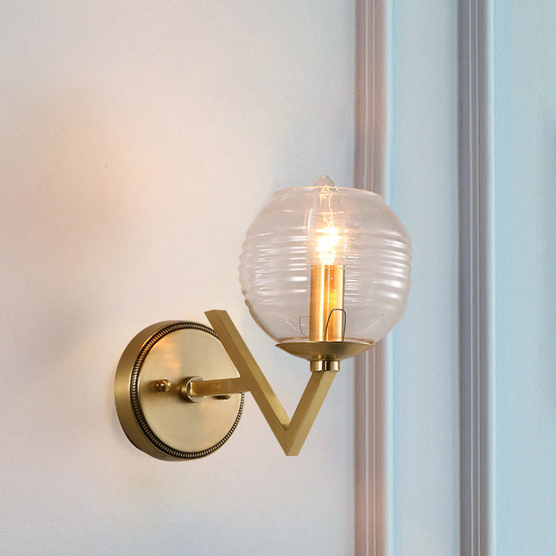 Brass Ball Sconce Light With Ribbed Glass Shade - Simple Wall Mount Lamp 1 /
