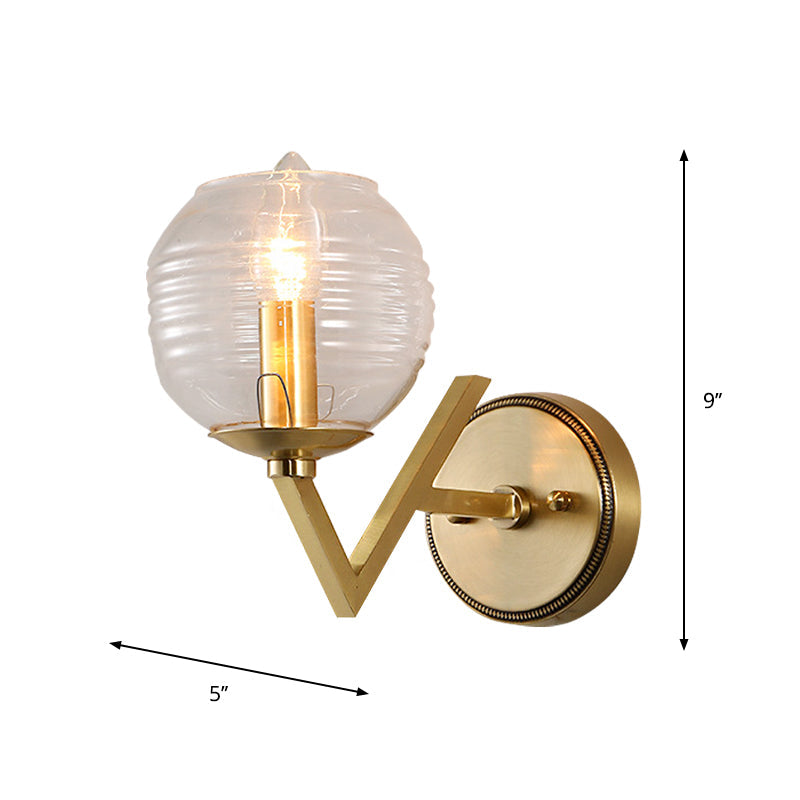 Brass Ball Sconce Light With Ribbed Glass Shade - Simple Wall Mount Lamp