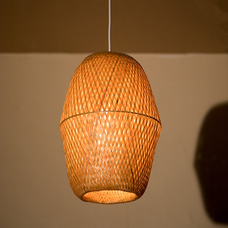 Traditional Bamboo Wood Bell Pendant Light - Single Bulb Hanging Lamp Kit for Restaurants