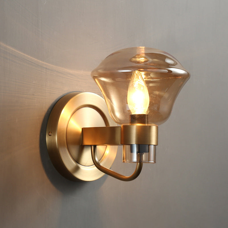 Retro-Style Smoke Gray/Amber Glass Bell Wall Sconce - Brass Mount Light Fixture (1 Bulb) Amber