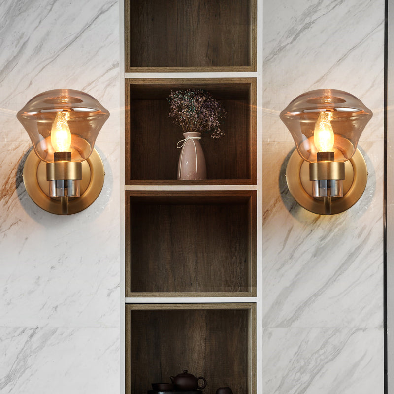 Retro-Style Smoke Gray/Amber Glass Bell Wall Sconce - Brass Mount Light Fixture (1 Bulb)