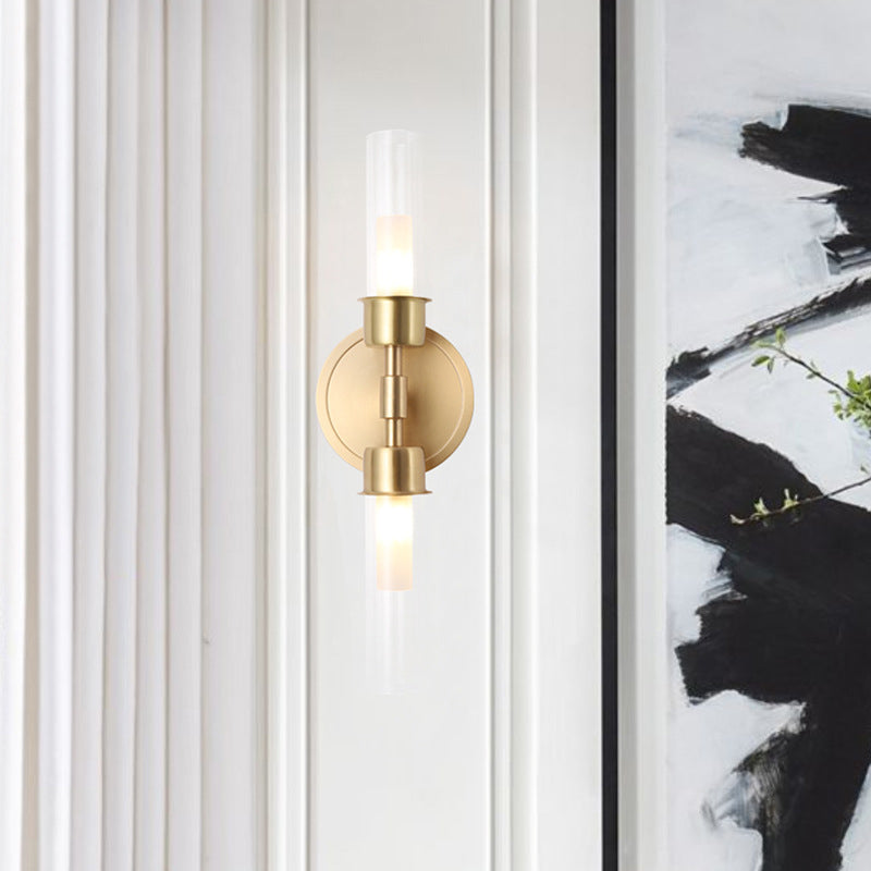 Brass Finish Double Cylinder Wall Sconce - Clear Glass 2 Lights