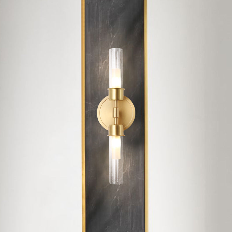 Brass Finish Double Cylinder Wall Sconce - Clear Glass 2 Lights