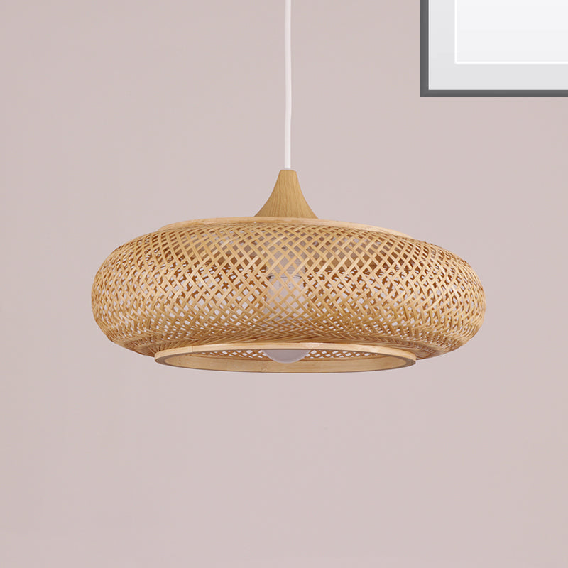 Modern 1-Bulb Wood Pendant Light Fixture with Bamboo Shade - Donut/Hat Hanging Design
