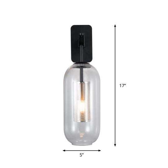 Modern Black Glass Wall Light Sconce - Single Pill Shape Design