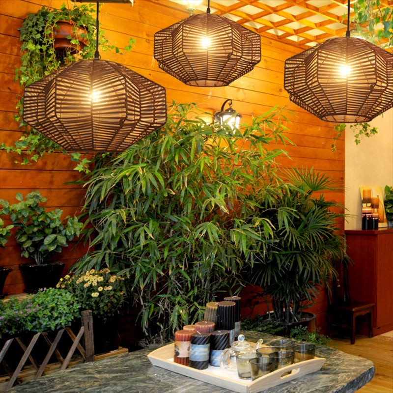 Traditional Rattan Brown Lantern Pendant Lighting - Restaurant Hanging Lamp