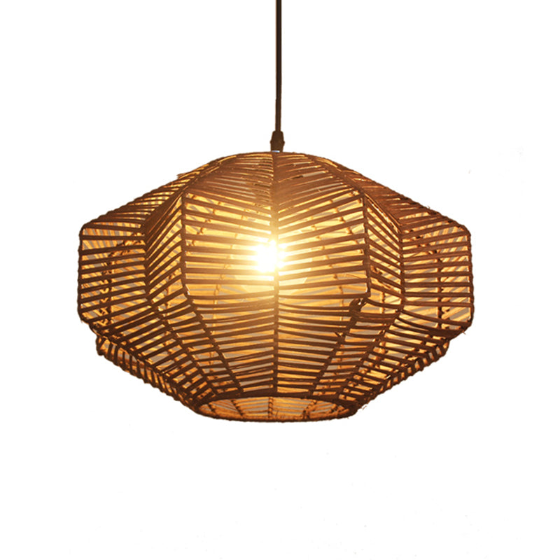 Traditional Rattan Brown Lantern Pendant Lighting - Restaurant Hanging Lamp