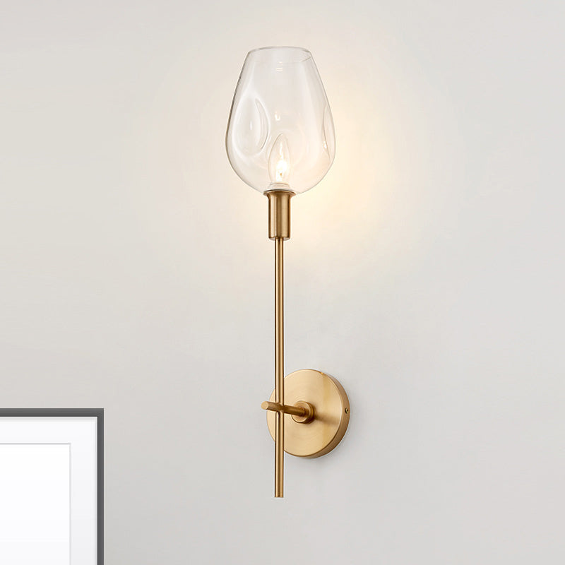 Brass Wall Lamp With Clear Wine Glass Shade & Modern Pencil Arm Design