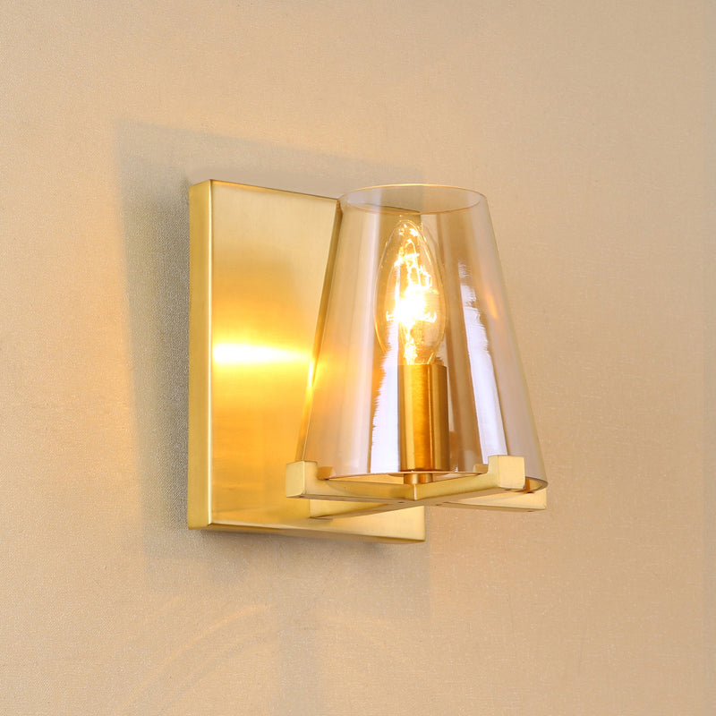 Contemporary Indoor Brass Wall Sconce With Glass Shade - Single Light Mount Lamp For Living Room