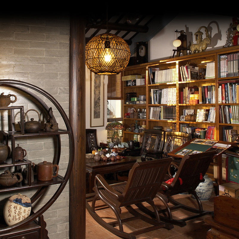 Asian Rattan Ball Pendant Light: Coffee Fixture For Living Room (1 Bulb)