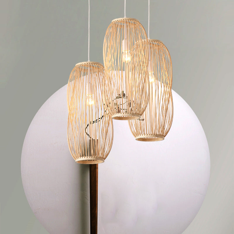 Bamboo Lantern Pendant Light Kit - Traditional Design, 1 Bulb, 8"/9" Wide