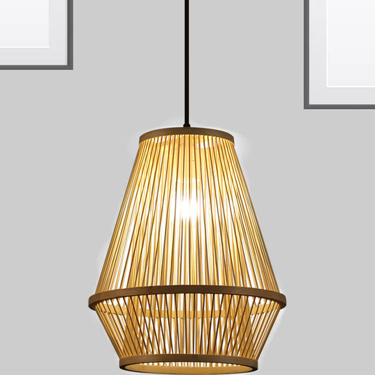 Contemporary Bamboo Wood Cage Pendant Light With 1 Bulb Stylish Hanging Fixture