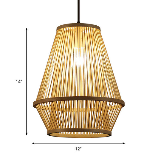 Contemporary Bamboo Wood Cage Pendant Light With 1 Bulb Stylish Hanging Fixture