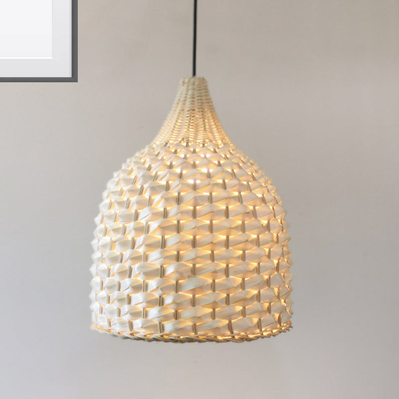 Bamboo Pendant Lighting - Modernist Basket Design, 1 Bulb Hanging Light in Beige