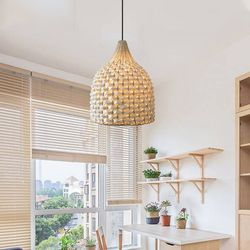 Bamboo Pendant Lighting - Modernist Basket Design, 1 Bulb Hanging Light in Beige