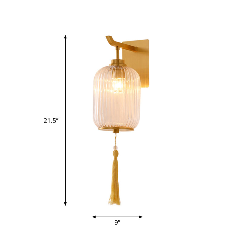 Chinese Style Glass Lantern Wall Sconce With Tassel Knot And Brass Fixture