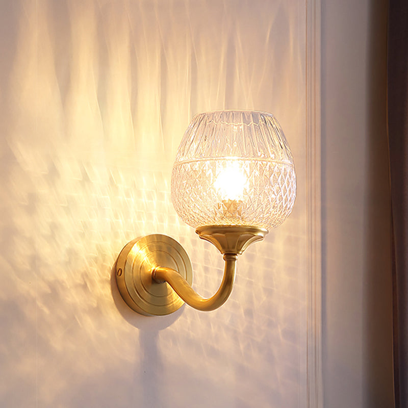 Contemporary Brass Lattice Brandy Glass Wall Sconce - Curved Arm Single Mounted Lamp