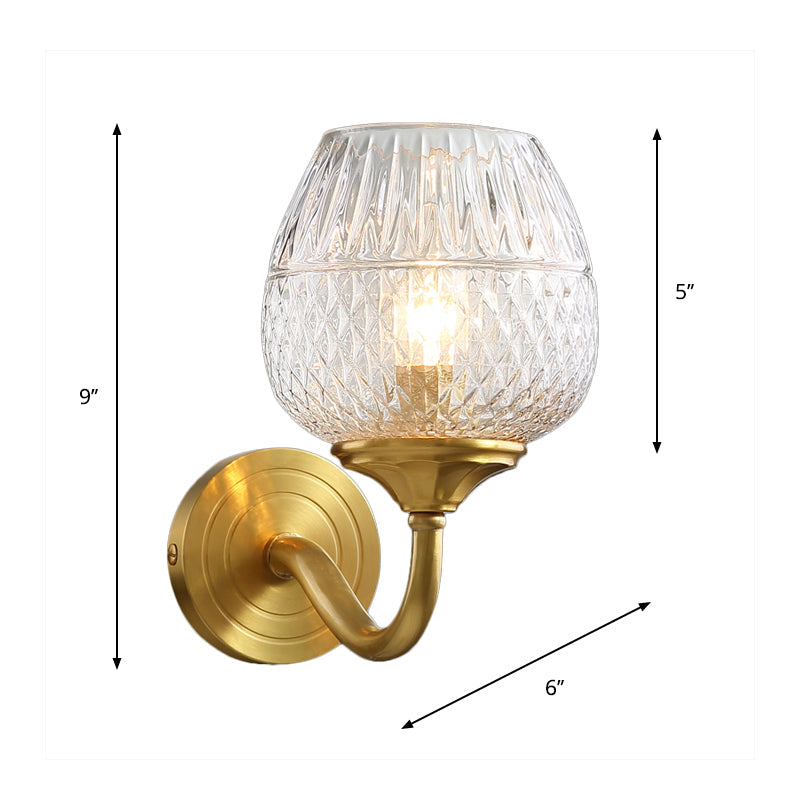 Contemporary Brass Lattice Brandy Glass Wall Sconce - Curved Arm Single Mounted Lamp