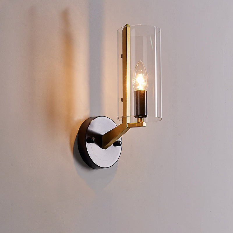 Retro Black Tube Wall Light With Transparent Glass Sconce - Brass Arm Fixture