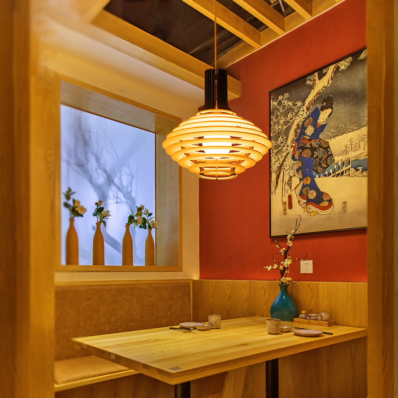 Wooden Jar Pendant Light - 1 Bulb Black/Beige Hanging Lamp Kit for Restaurants