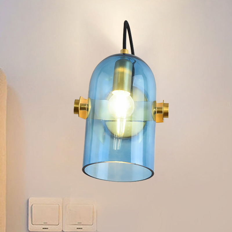 Cloche Sconce Light With Amber/Blue/Smoke Gray Glass In Retro Brass Finish - Bedroom Wall Mount Blue