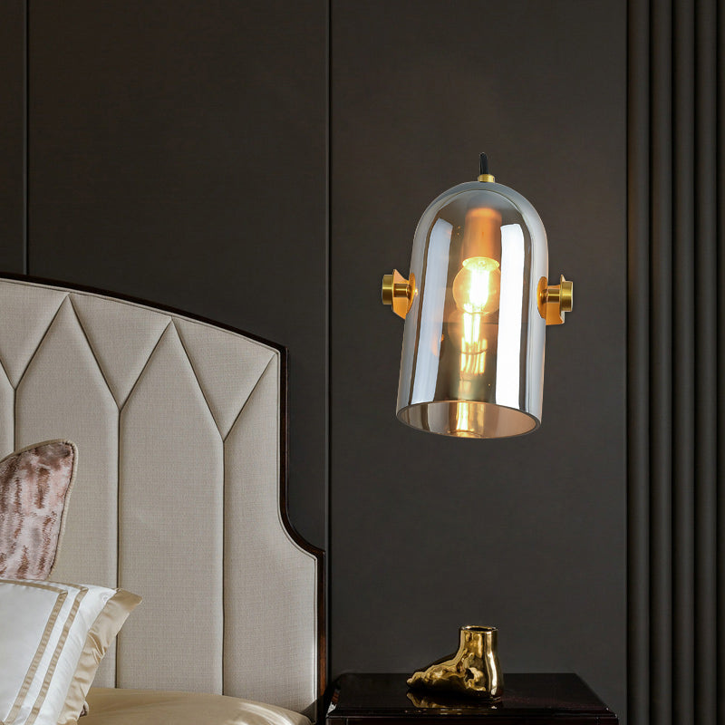 Cloche Sconce Light With Amber/Blue/Smoke Gray Glass In Retro Brass Finish - Bedroom Wall Mount