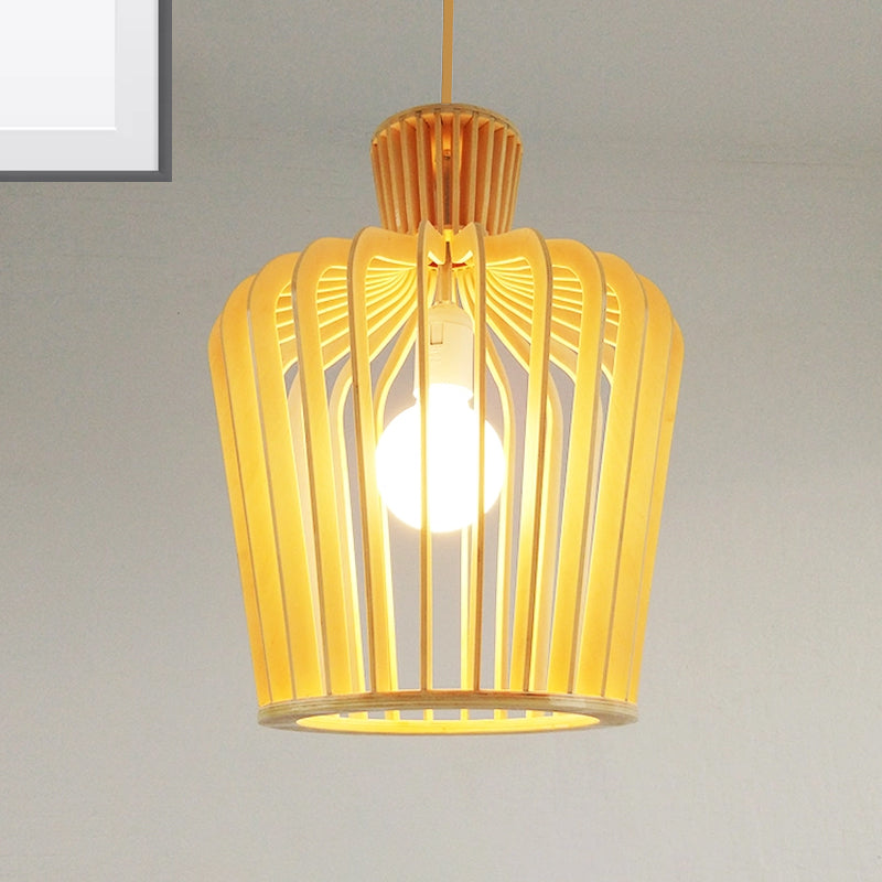 Modern Urn Pendant Light Fixture with Wood Accent - Beige, 1-Bulb, Perfect for Dining Room