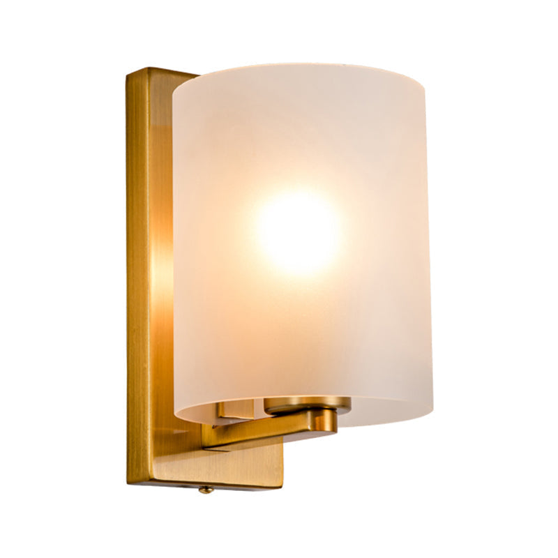 Post Modern Brass Finish Wall Lamp With Clear/Textured White Glass - Cylindric Sconce Design (1