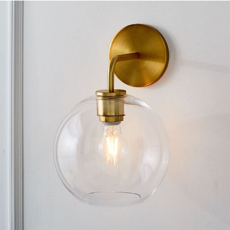 Modern Glass Orb Wall Sconce With Brass Arm Clear/White Clear