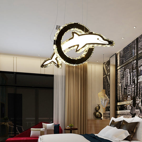 Contemporary Crystal LED Dolphin Chandelier: Chrome Hanging Light in White/Warm/Natural