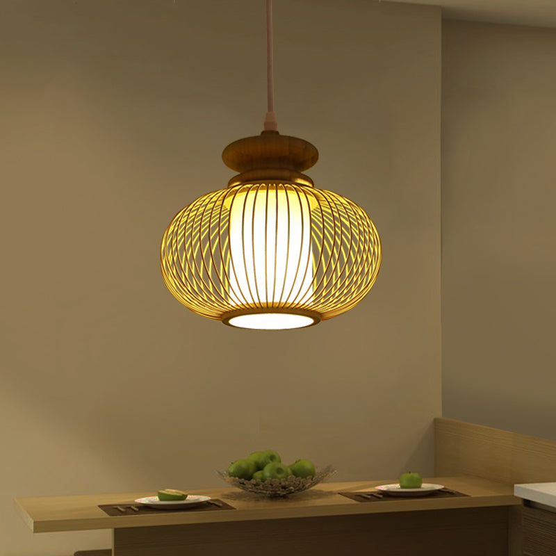 Tradition Bamboo Urn Pendant Lighting Kit For Bedroom - Black/Wood Hanging Lamp 1 Bulb 10/12 Wide