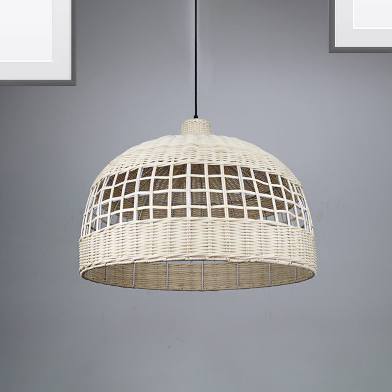 Modernist Wood Bowl Pendant Light With Bamboo Shade - 1-Bulb Hanging Fixture