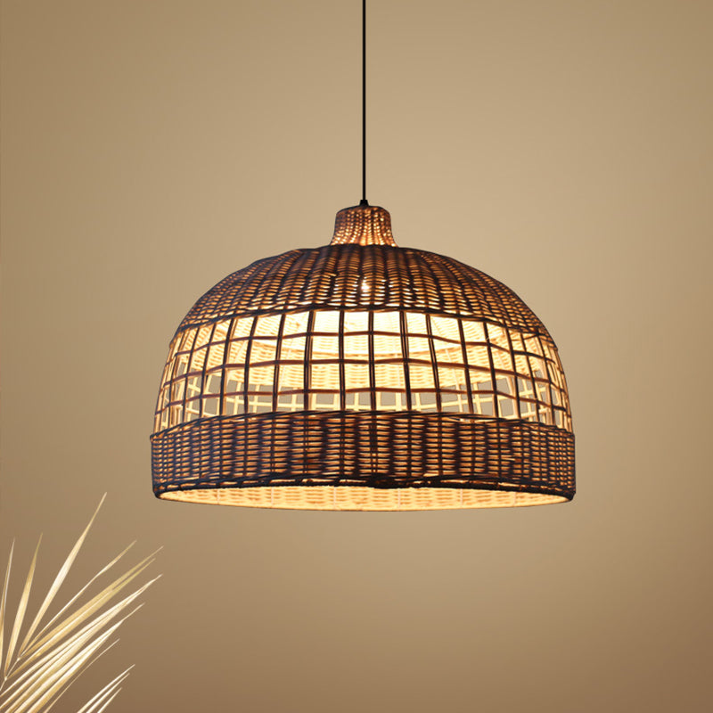 Modernist Pendant Light Fixture with Bamboo Shade: Wooden Bowl Hanging Lamp, 1 Bulb