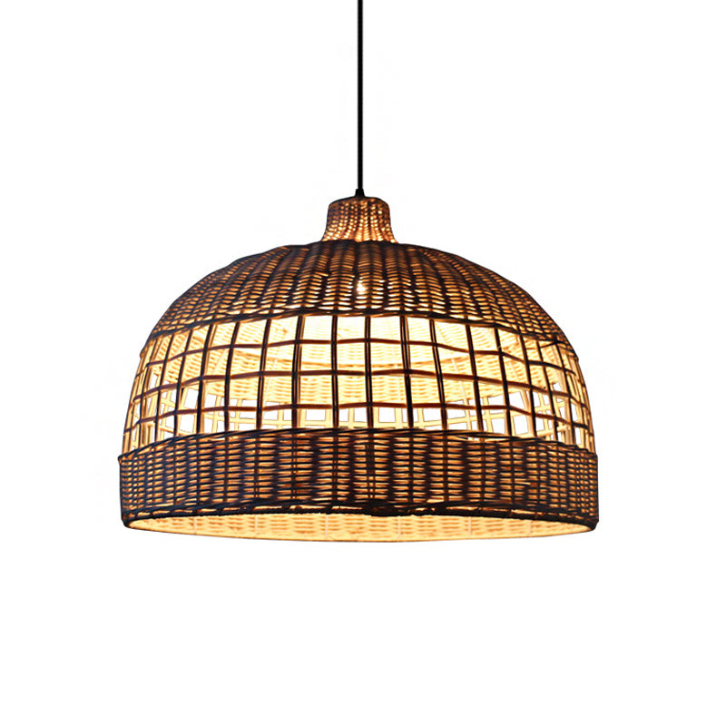 Modernist Pendant Light Fixture with Bamboo Shade: Wooden Bowl Hanging Lamp, 1 Bulb