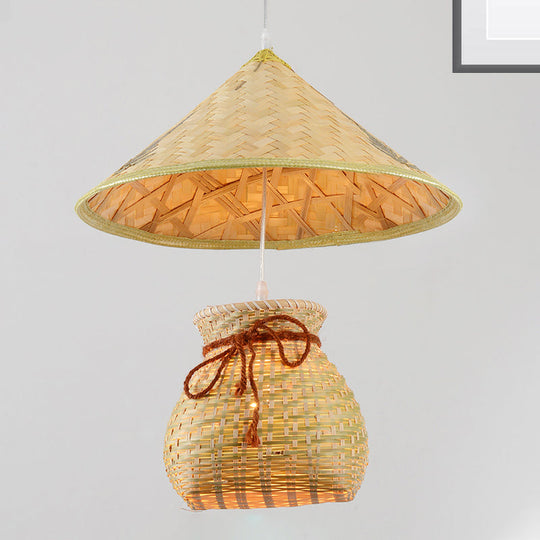 Traditional Bamboo Cone Pendant With Wooden Basket - Hanging Ceiling Light