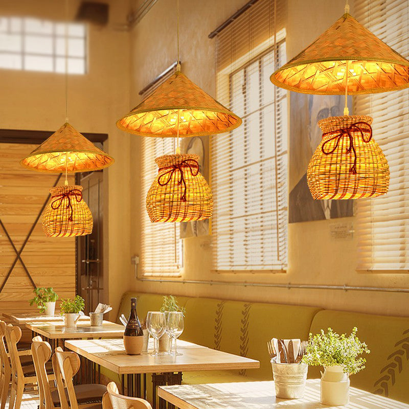 Traditional Bamboo Cone Pendant With Wooden Basket - Hanging Ceiling Light