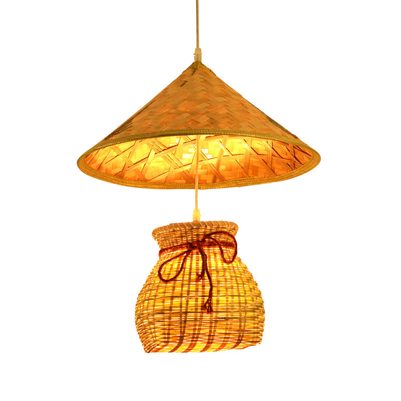 Traditional Bamboo Cone Pendant - 1 Head Wooden Suspended Ceiling Light with Basket