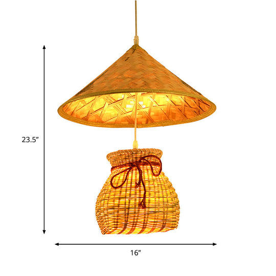 Traditional Bamboo Cone Pendant With Wooden Basket - Hanging Ceiling Light